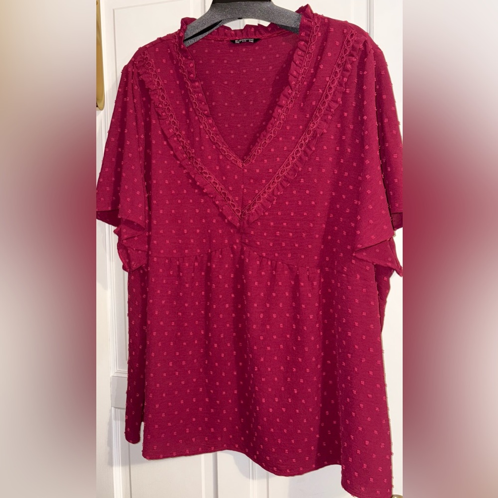 BloomChic Burgundy Swiss Dot Short Sleeve Top Sz 26